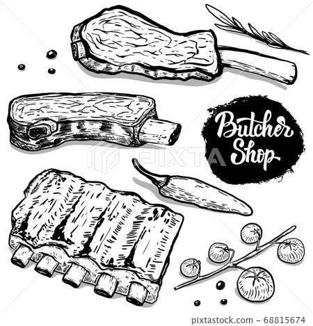 set of hand drawn beef ribs with spices. Design 68815674