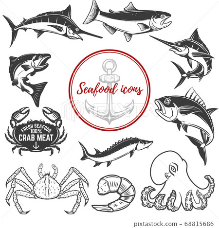 Set of seafood icons isolated on white background. 68815686