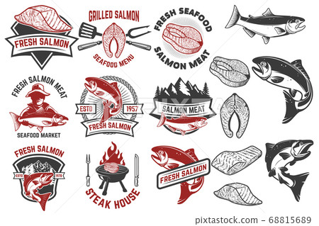 Salmon meat labels and badges. Seafood grill. Fish 68815689