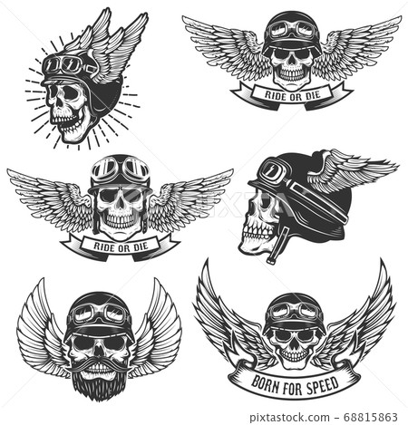 Set of skulls in winged motorcycle helmets. Design Set of skulls in winged motorcycle helmets. Design 68815863