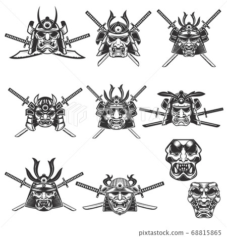 Set of samurai masks and helmets with swords on Set of samurai masks and helmets with swords on 68815865