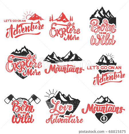 hiking, mountain exploration emblems. Handwritten 68815875