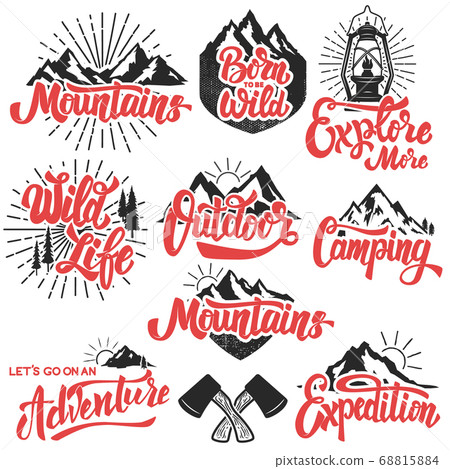 hiking, mountain exploration emblems. Handwritten hiking, mountain exploration emblems. Handwritten 68815884