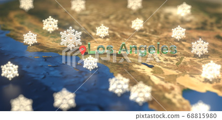 Snowy weather icons near Los Angeles city on the map, weather forecast related 3D rendering Snowy weather icons near Los Angeles city on the map, weather forecast related 3D rendering 68815980