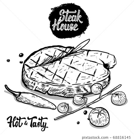 Steak house. Hand drawn beef steak with rosmarine, Steak house. Hand drawn beef steak with rosmarine, 68816145