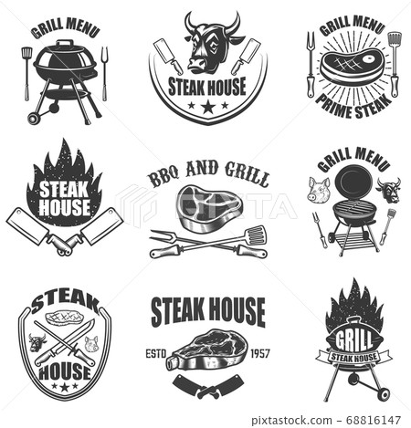 Set of steak house labels. BBQ and grill. Design Set of steak house labels. BBQ and grill. Design 68816147