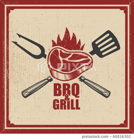 Barbecue and grill. Grilled meat with fork and - Stock Illustration ...