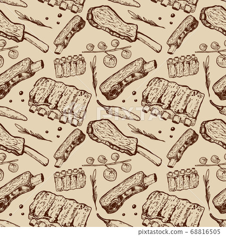 Seamless pattern with beef ribs. Butchery. Design 68816505