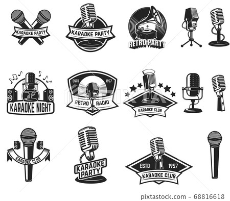 Set of karaoke party labels. Vintage microphone, 68816618