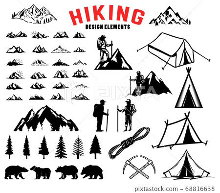 Set of hiking, outdoor, mountains design elements. Set of hiking, outdoor, mountains design elements. 68816638