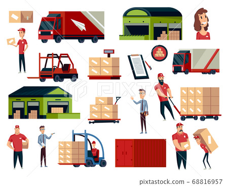 Warehouse. Logistics illustrations collection. Warehouse center, loading cargo trucks, forklifts and workers. Modern flat style vector illustration isolated on white background 68816957