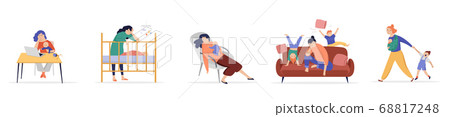 Tired mothers trying to work, to relax, mom of two kids, children play, jump and run around her Tired mothers trying to work, to relax, mom of two kids, children play, jump and run around her 68817248