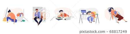 Set of tired, sleepy people, office workers, tired mother with postnatal depression, student, sleepy Set of tired, sleepy people, office workers, tired mother with postnatal depression, student, sleepy 68817249