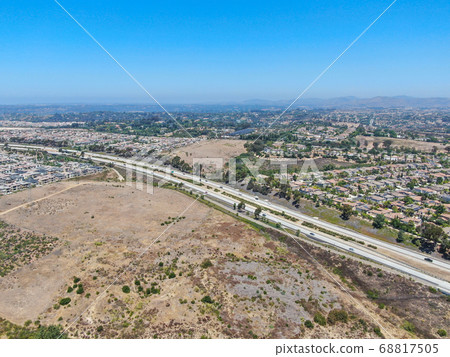 Aerial view of highway, freeway road with vehicle in movement in San Diego 68817505