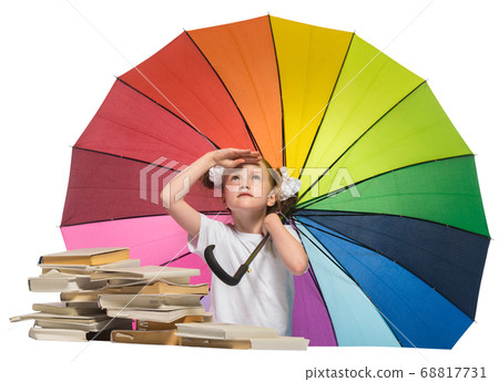 Girl with multi-colored umbrella on a white isolated background Girl with multi-colored umbrella on a white isolated background 68817731