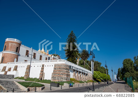 Mexico The museum and road next to the church of Cholula built on a pyramid destroyed by the Spanish invasion 68822085