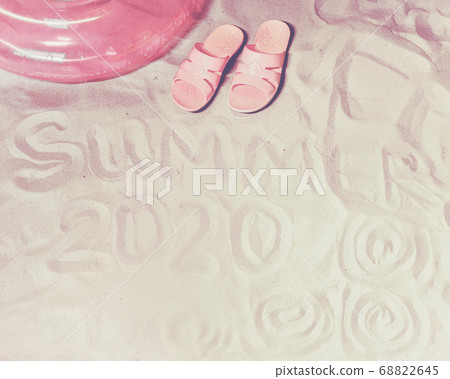 Handwritten Summer 2020 On Sandy Beach. Crook swimming and flip-flops . 68822645