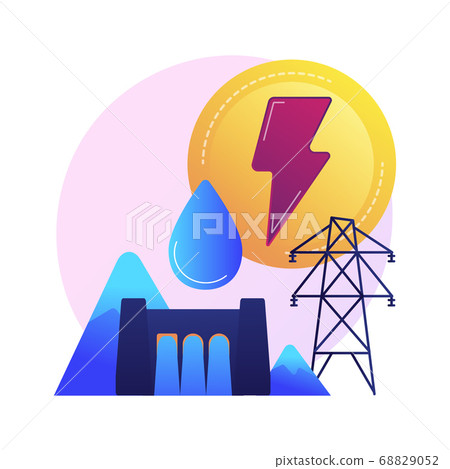 Hydroelectric power station, water mass energy using, dam and reservoir vector concept metaphor. Hydroelectric power station, water mass energy using, dam and reservoir vector concept metaphor. 68829052