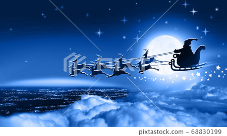 Winter christmas night. Santa Claus in a sleigh fly over Earth on background of full moon Winter christmas night. Santa Claus in a sleigh fly over Earth on background of full moon 68830199