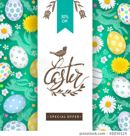 Spring festive Easter poster design with daisies,flowers,painted eggs and bunny doodle.Vector illustration 68830324