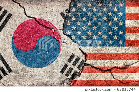 International Conflict/Political Conflict / Dirty National Flag Illustration (US/USA vs Korea) / Cracked Concrete 68833744