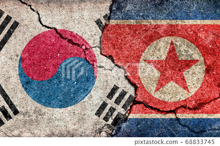 International Conflict/Political Conflict / Dirty National Flag Illustration (Korea vs North Korea) / Cracked Concrete Wall International Conflict/Political Conflict / Dirty National Flag Illustration (Korea vs North Korea) / Cracked Concrete Wall 68833745