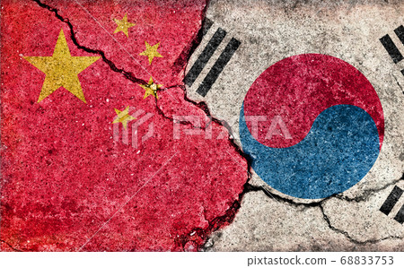International conflict / political conflict / dirty flag illustration (Korea vs China) / cracked concrete wall 68833753