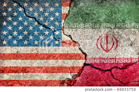 International Conflict/Political Conflict / Dirty Flag Illustration (US/USA vs Iran) / Cracked Concrete 68833759