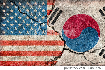 International Conflict/Political Conflict / Dirty National Flag Illustration (US/USA vs Korea) / Cracked Concrete 68833760