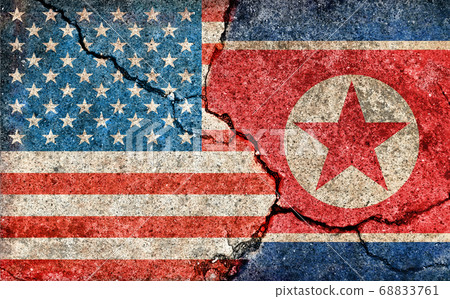 International Conflict/Political Conflict / Dirty Flag Illustration (US vs. North Korea) / Cracked Concrete 68833761