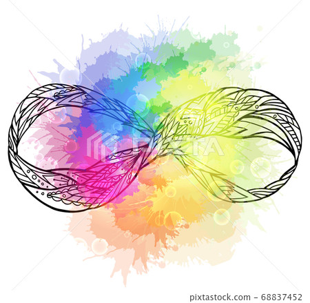 Black and white illustration of the sign of eternity with a boho pattern and rainbow watercolor spray. Doodle element Black and white illustration of the sign of eternity with a boho pattern and rainbow watercolor spray. Doodle element 68837452