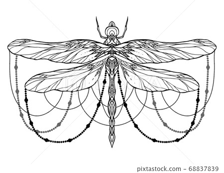 Black and white dragonfly illustration with boho pattern and beads. Vector element Black and white dragonfly illustration with boho pattern and beads. Vector element 68837839