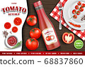 Tomato ketchup ads. Realistic ketchup sauce bottle with fresh tomatoes and plate on wooden background. 3d vector illustration 68837860
