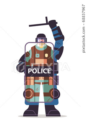 policeman in full tactical gear holding shield and baton riot police officer protesters and demonstrations control policeman in full tactical gear holding shield and baton riot police officer protesters and demonstrations control 68837967
