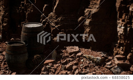 old wooden vintage wine barrels near stone wall in old wooden vintage wine barrels near stone wall in 68838025