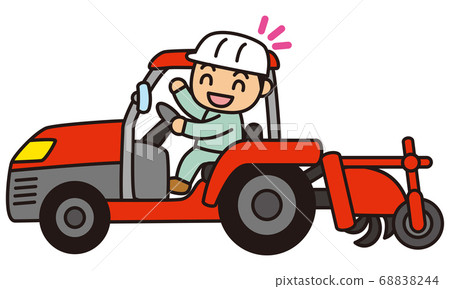 A man riding a tractor with a leveling plate A man riding a tractor with a leveling plate 68838244