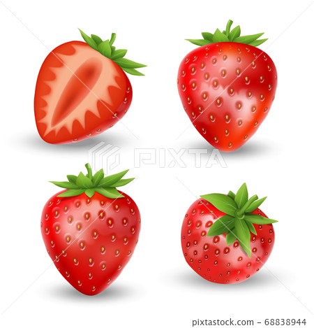 Realistic set of strawberry isolated on white. Fresh ripe strawberry with leaves. Red fruits vector illustration 68838944