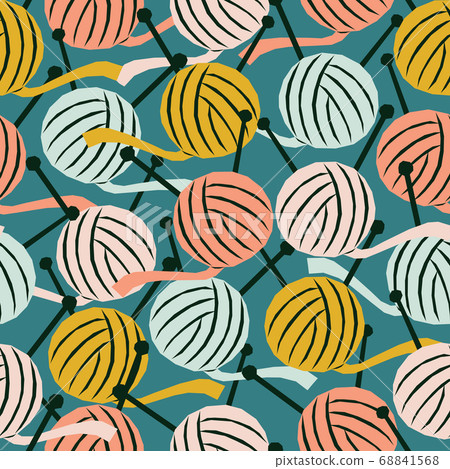 Seamless pattern with balls of yarn in geometric style. Bright vector illustration with knitting threads. Trendy fashion fabric design. 68841568