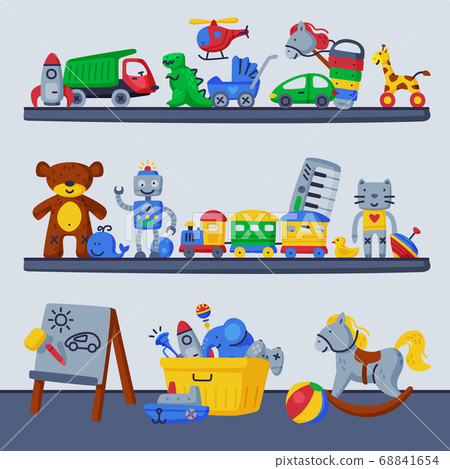 Children Toys on Shelves, Boy Room Interior Design Cartoon Vector Illustration 68841654