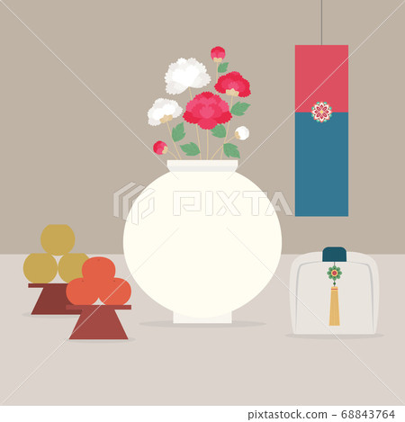 Korean traditional object illustration-porcelain, peony flower, furoshiki, blueberry lantern 68843764