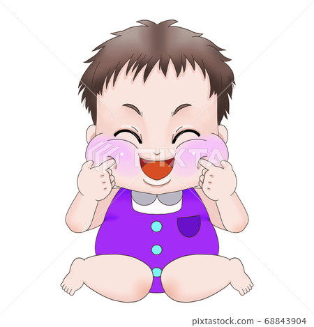 一個嬰兒(男孩)戳他的臉頰,使他快樂。 一個嬰兒(男孩)戳他的臉頰,使他快樂。 68843904