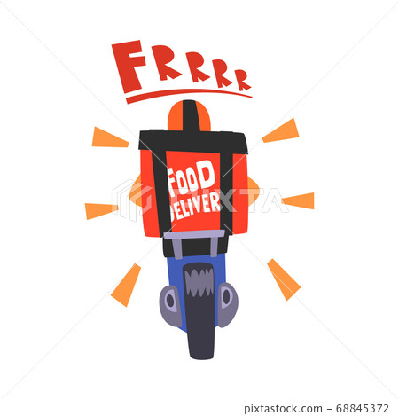 Guy on Motorbike Delivering Food with Backpack Box, Male Courier Character with Parcel on his Back, Food Express Delivery Service Cartoon Style Vector Illustration 68845372