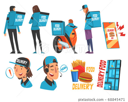 Food Express Delivery Service Set, Online Ordering, Couriers Wearing Blue Uniform Carrying Backpack Boxes Cartoon Style Vector Illustration Food Express Delivery Service Set, Online Ordering, Couriers Wearing Blue Uniform Carrying Backpack Boxes Cartoon Style Vector Illustration 68845471