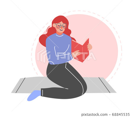 Girl Sitting On The Floor And Reading A Book, - Stock Illustration 