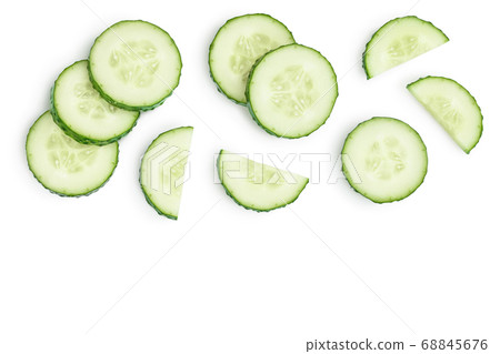 Sliced cucumber isolated on white background with clipping path and full depth of field, Top view with copy space for your text. Flat lay 68845676