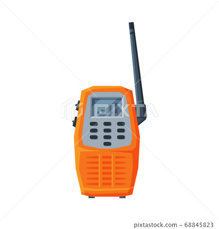 Modern Handheld Radio Transmitter, Orange Portable Radio Device with Screen and Antenna Flat Vector Illustration 68845823