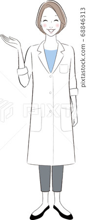 A woman in a white coat guiding with a smile A woman in a white coat guiding with a smile 68846313