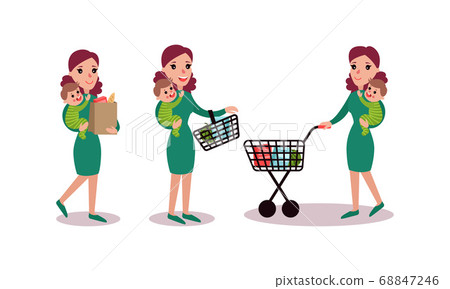 Energetic Housewife Holding Baby in Arms Pulling Cart and Doing Shopping Vector Illustration Set Energetic Housewife Holding Baby in Arms Pulling Cart and Doing Shopping Vector Illustration Set 68847246