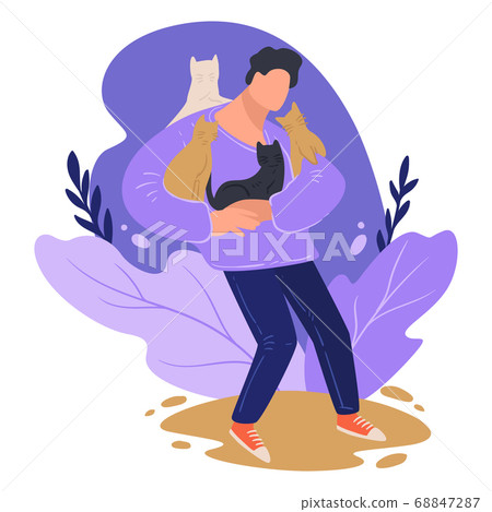 Man hugging cats, male character with domestic pets Man hugging cats, male character with domestic pets 68847287