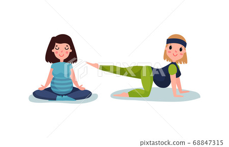Young Pregnant Woman Sitting in Yoga Pose Breathing and Meditating Vector Illustration Set 68847315